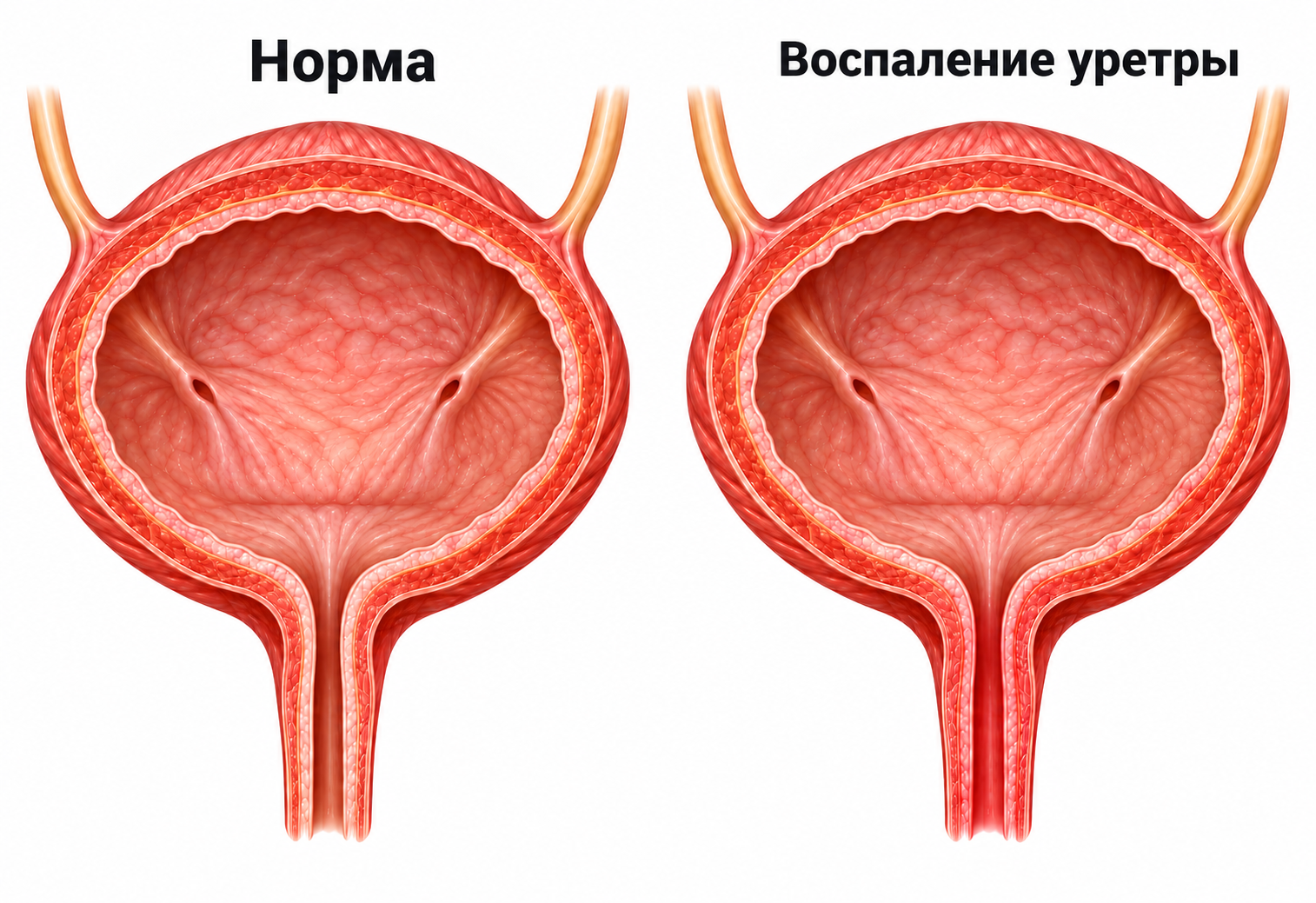 Норма и воспаление уретры: справа слизистая уретры выделена красным
